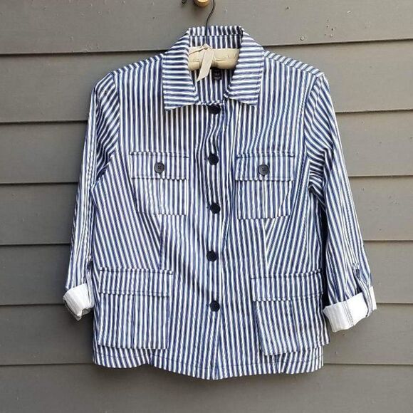 Tribal Blue and White Stripe Jacket w/Roll up Sleeves Size Medium - Picture 1 of 12